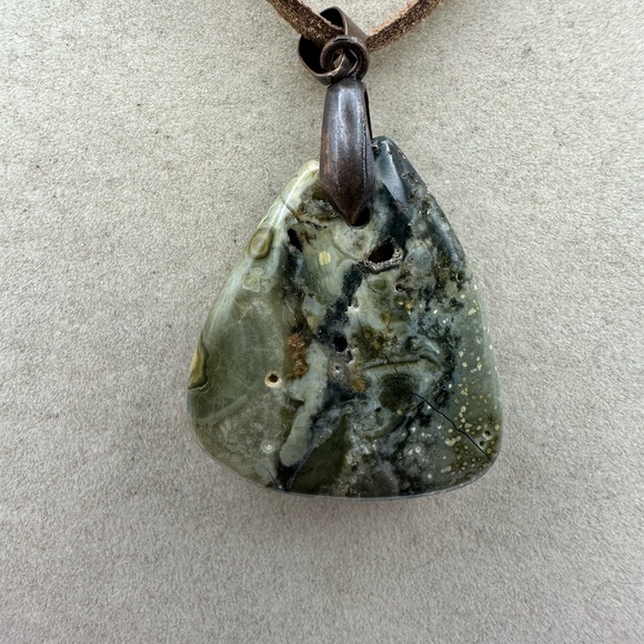 Green Ocean Jasper Teardrop Pendant on Brown Faux Suede Natural Druzy - Picture 4 of 8